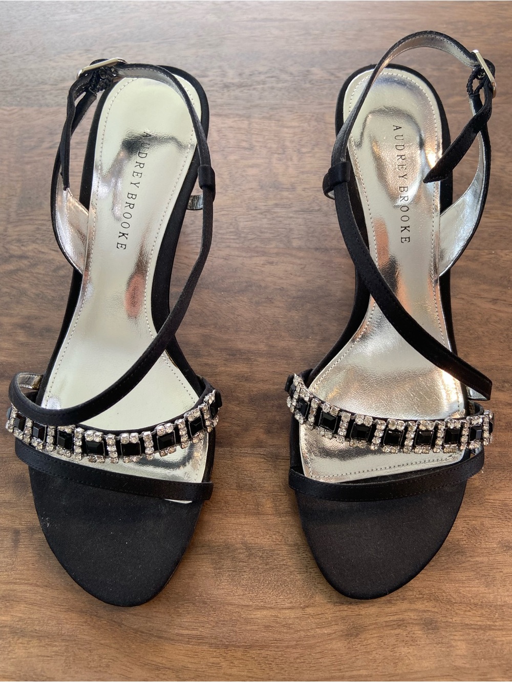 Audrey Brooke Black Crystal-Strap Evening Heels